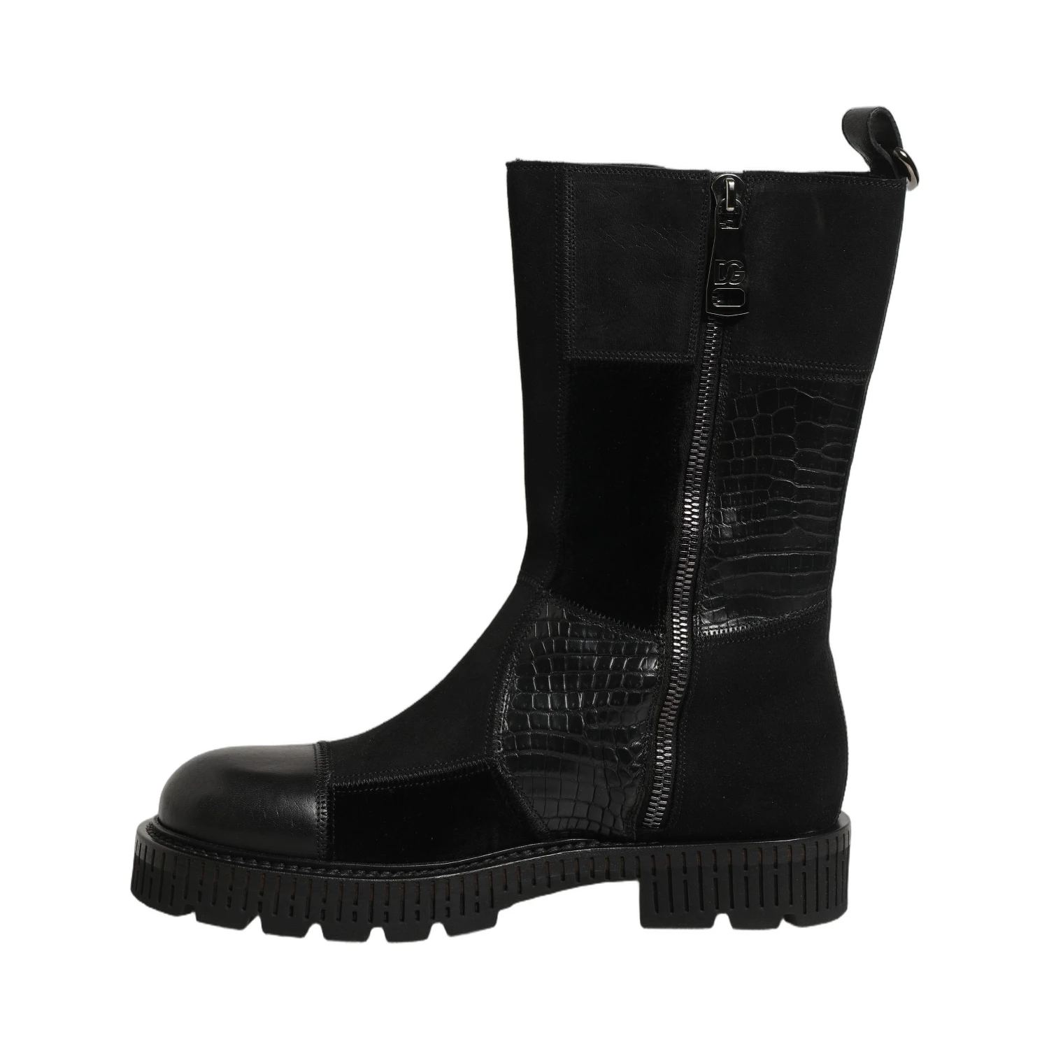 Black Patchwork Leather Mid Calf Boots Shoes