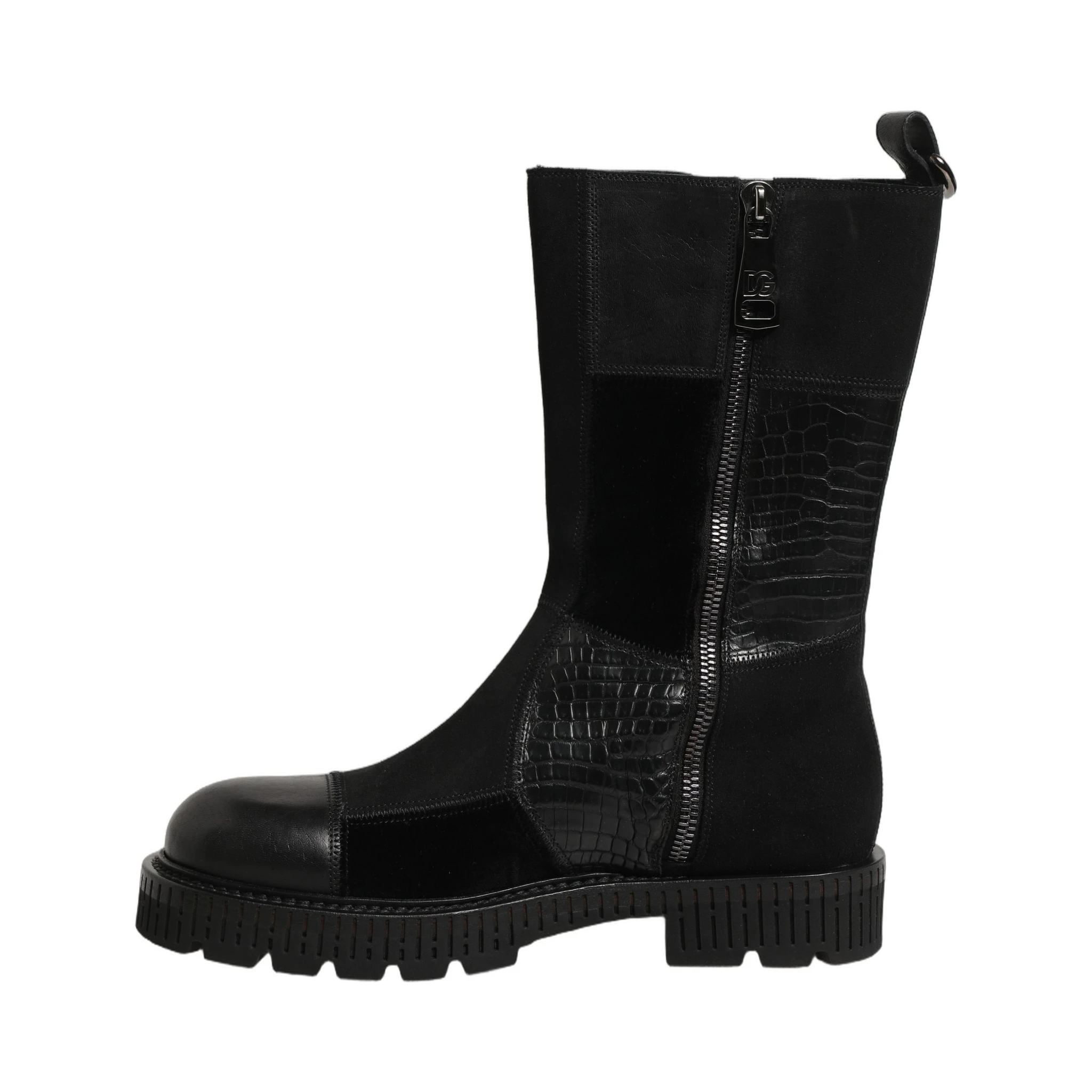 Black Patchwork Leather Mid Calf Boots Shoes