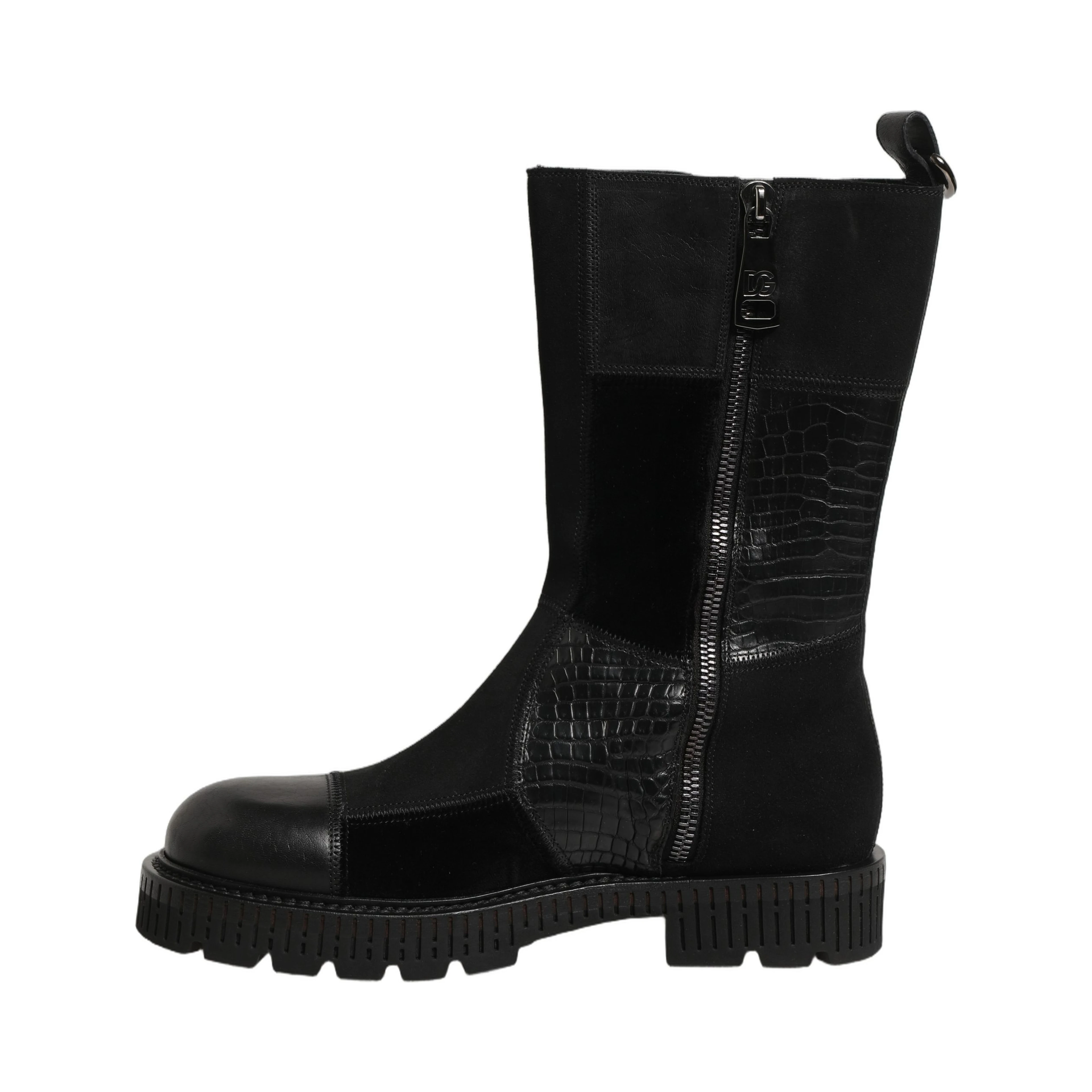 Black Patchwork Leather Mid Calf Boots Shoes