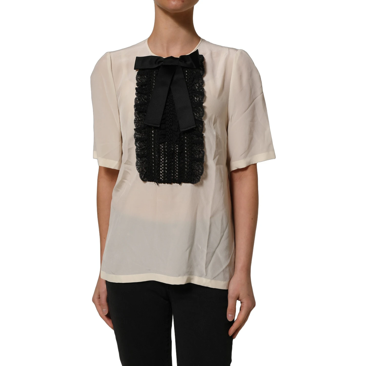 Beige Lace Trim Bow Short Sleeves Blouse Top
