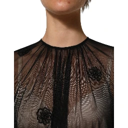 Black Polyester Mesh Sheer Crewneck Blouse Top