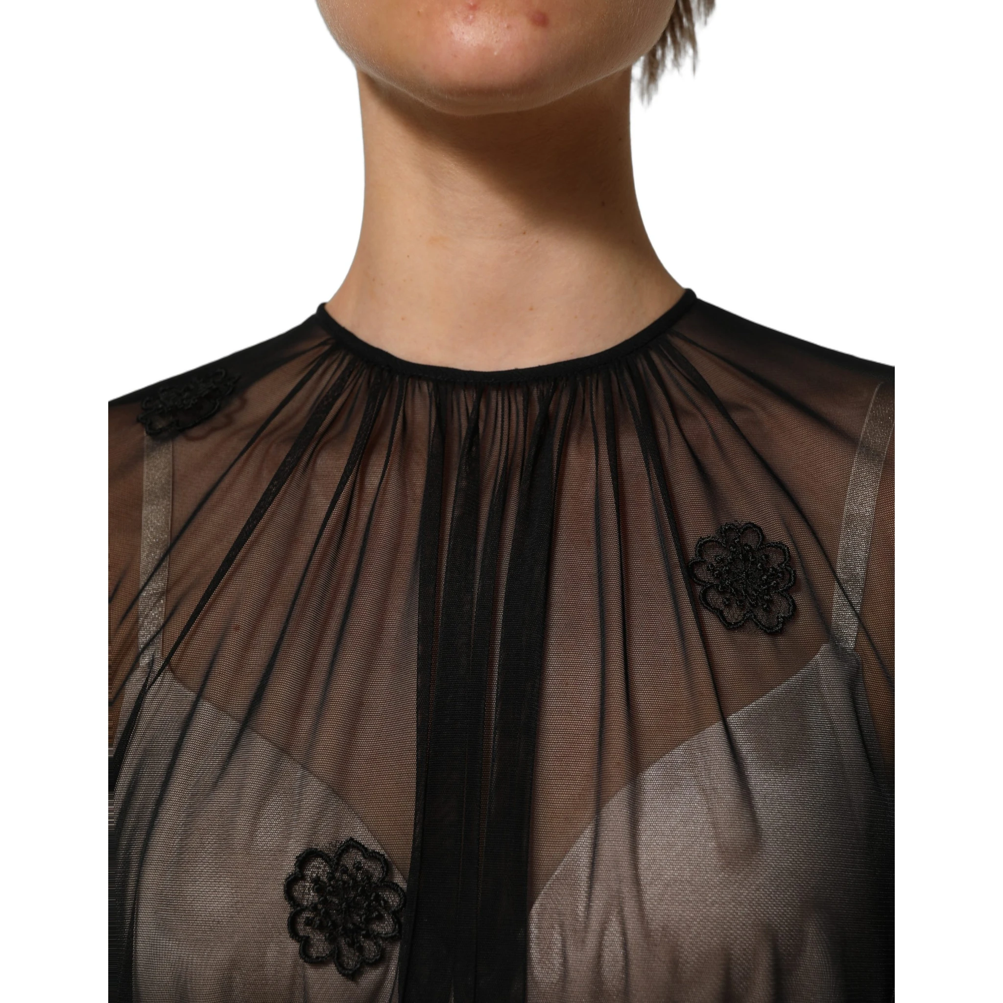 Black Polyester Mesh Sheer Crewneck Blouse Top