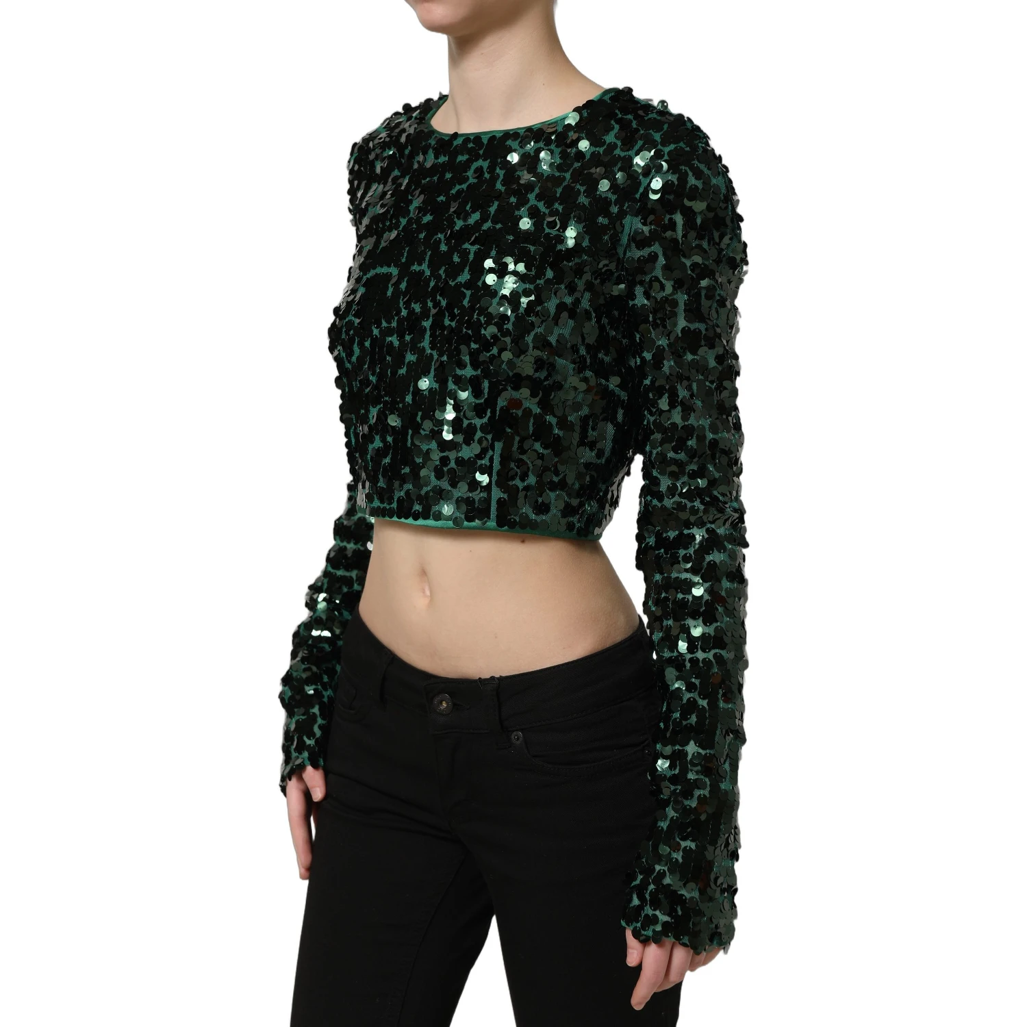 Green Sequined Long Sleeves Crop Blouse Top