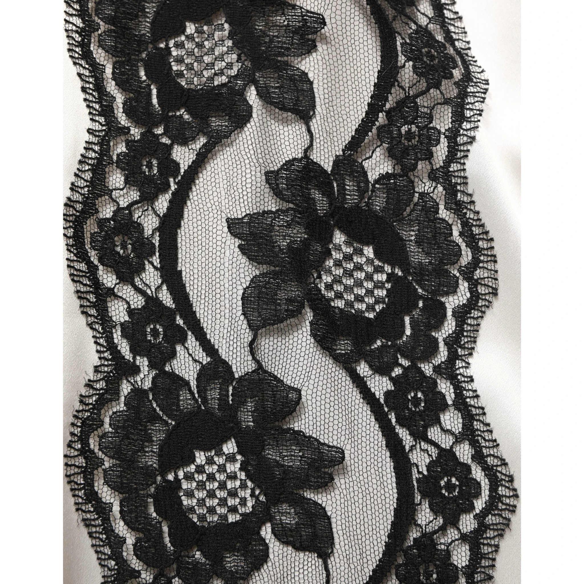 White satin Lace Trim LOng Sleeves Blouse Top