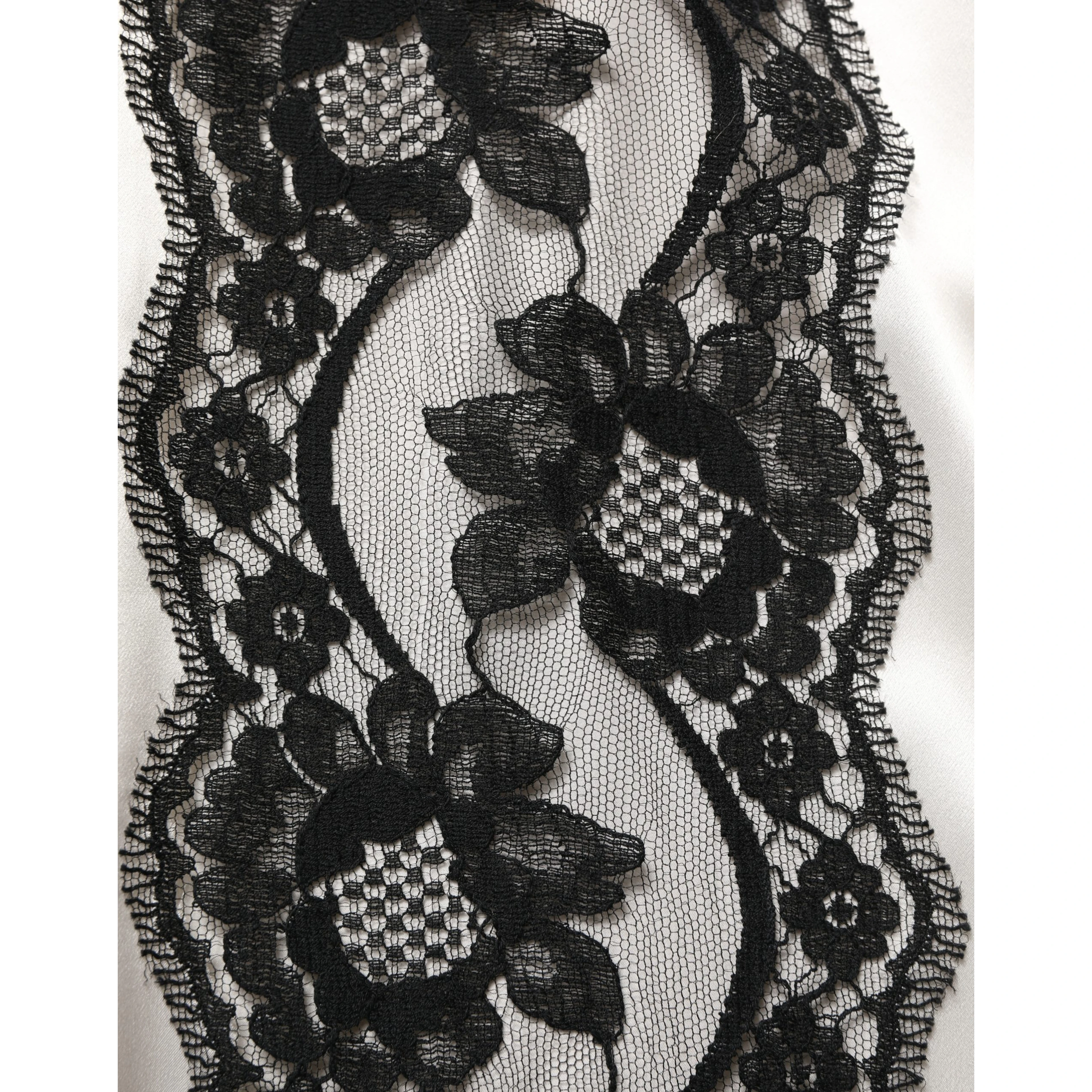 White satin Lace Trim LOng Sleeves Blouse Top