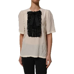 Beige Lace Trim Bow Short Sleeves Blouse Top