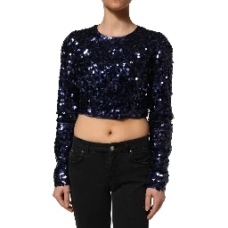 Blue Sequined Long Sleeves Crop Blouse Top