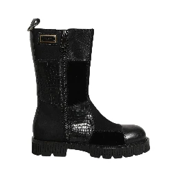 Black Patchwork Leather Mid Calf Boots Shoes