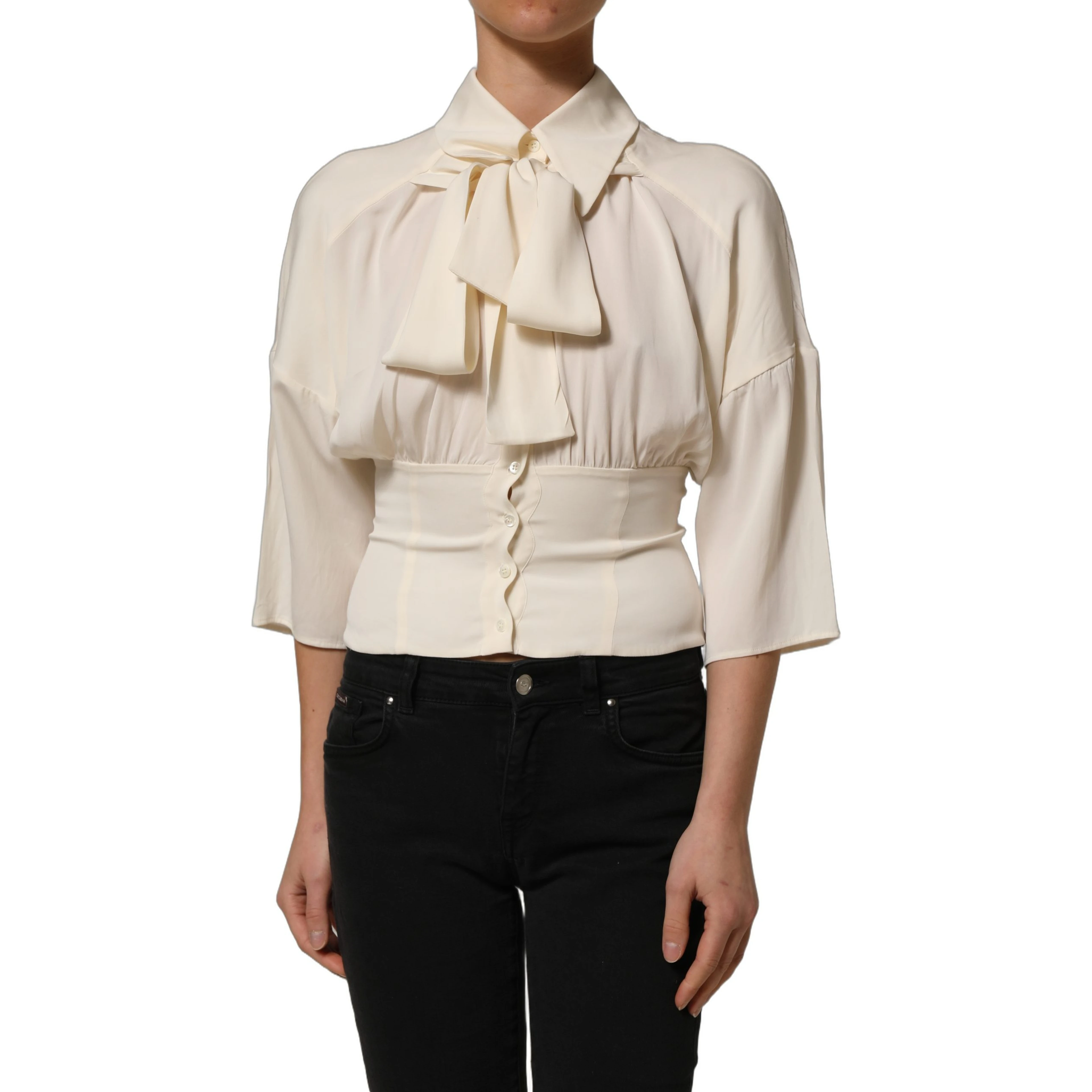 Off White Ascot Collar Long Sleeves Blouse Top