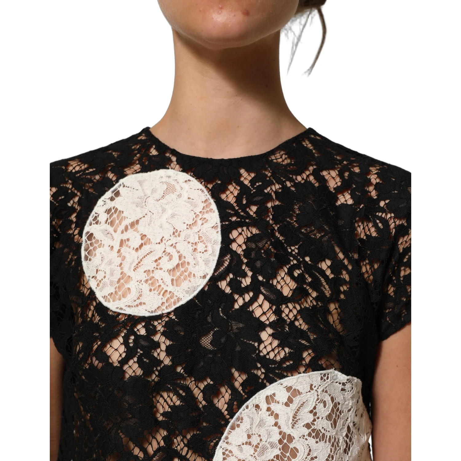 Black White Floral Lace Short Sleeve Blouse Top
