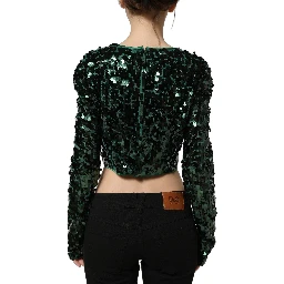 Green Sequined Long Sleeves Crop Blouse Top