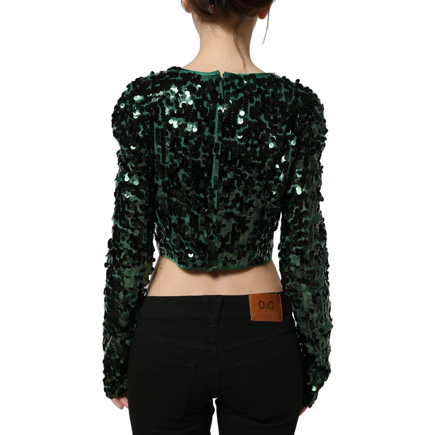Green Sequined Long Sleeves Crop Blouse Top