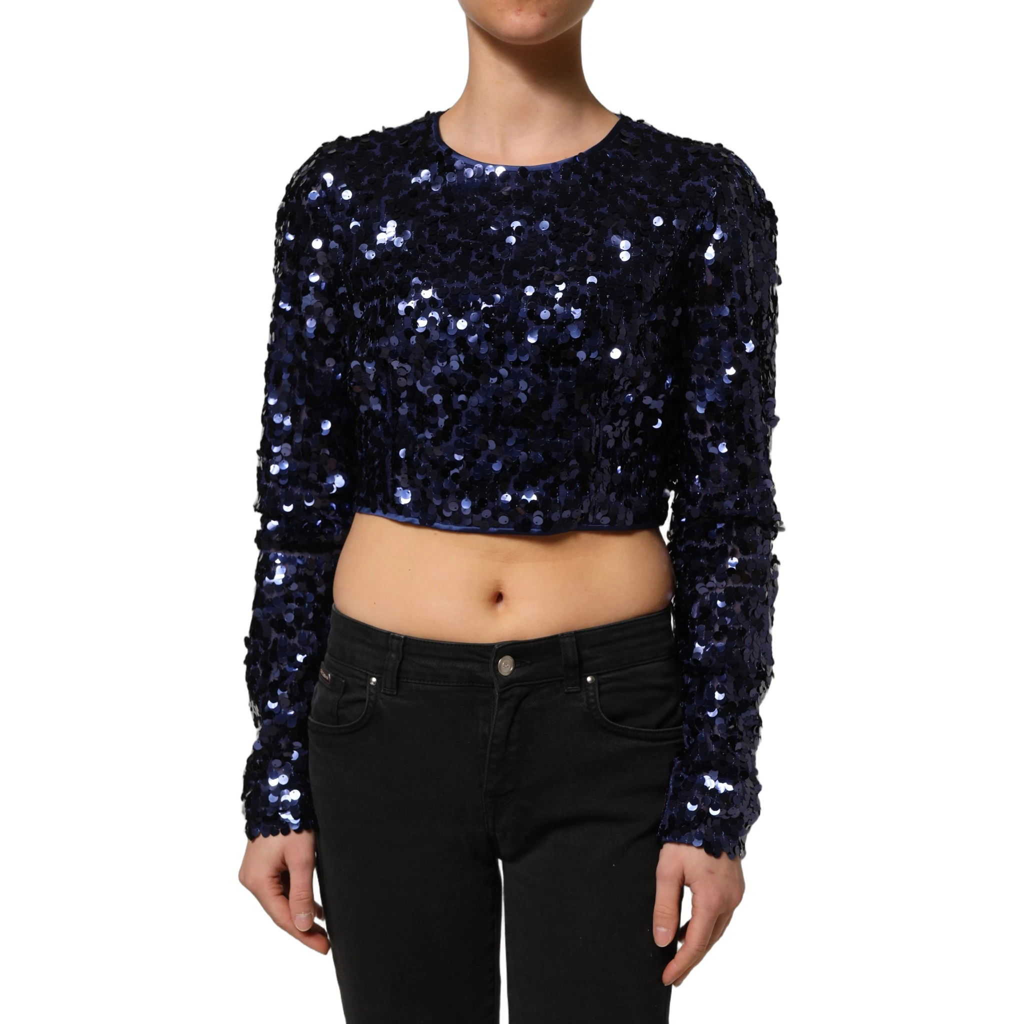 Blue Sequined Long Sleeves Crop Blouse Top