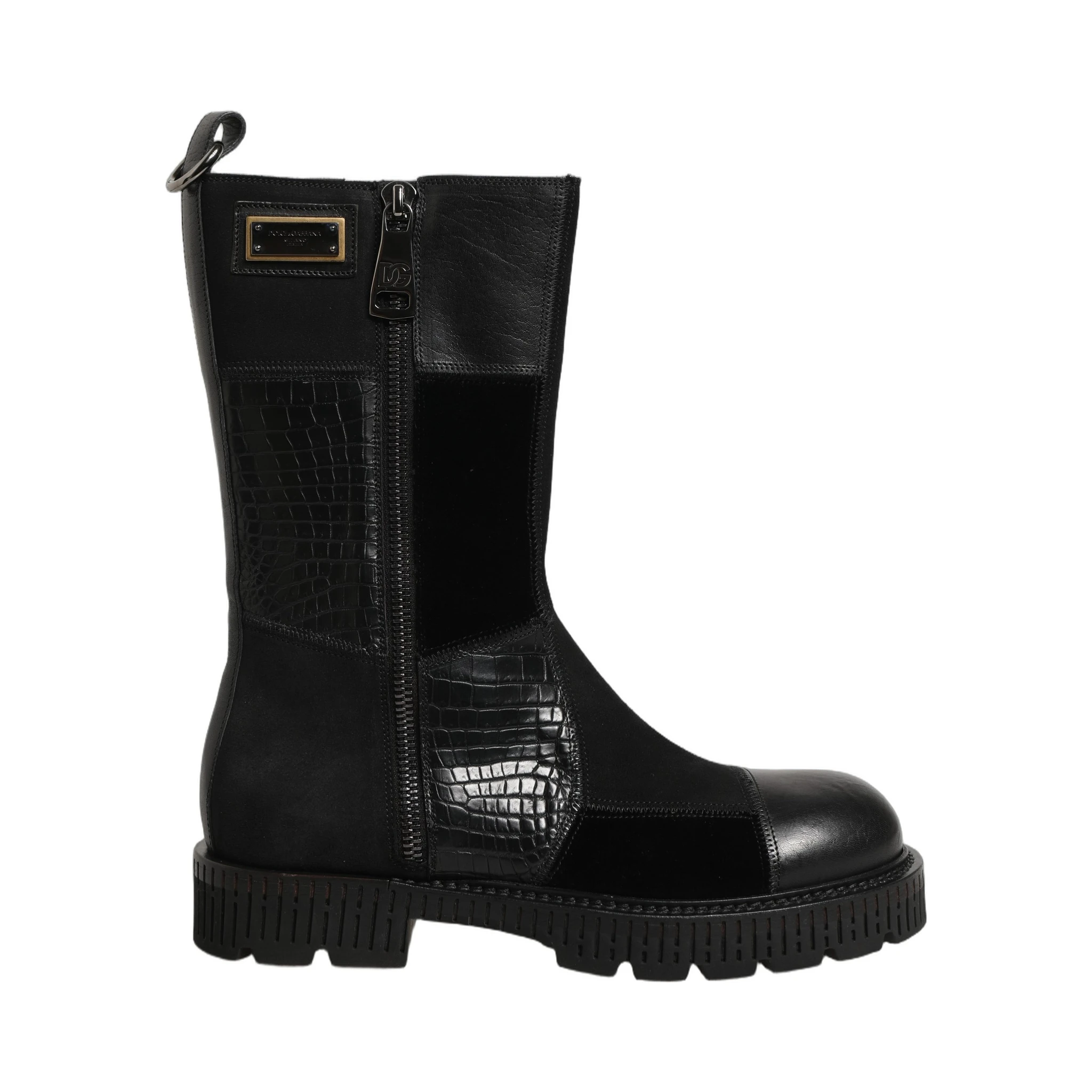 Black Patchwork Leather Mid Calf Boots Shoes
