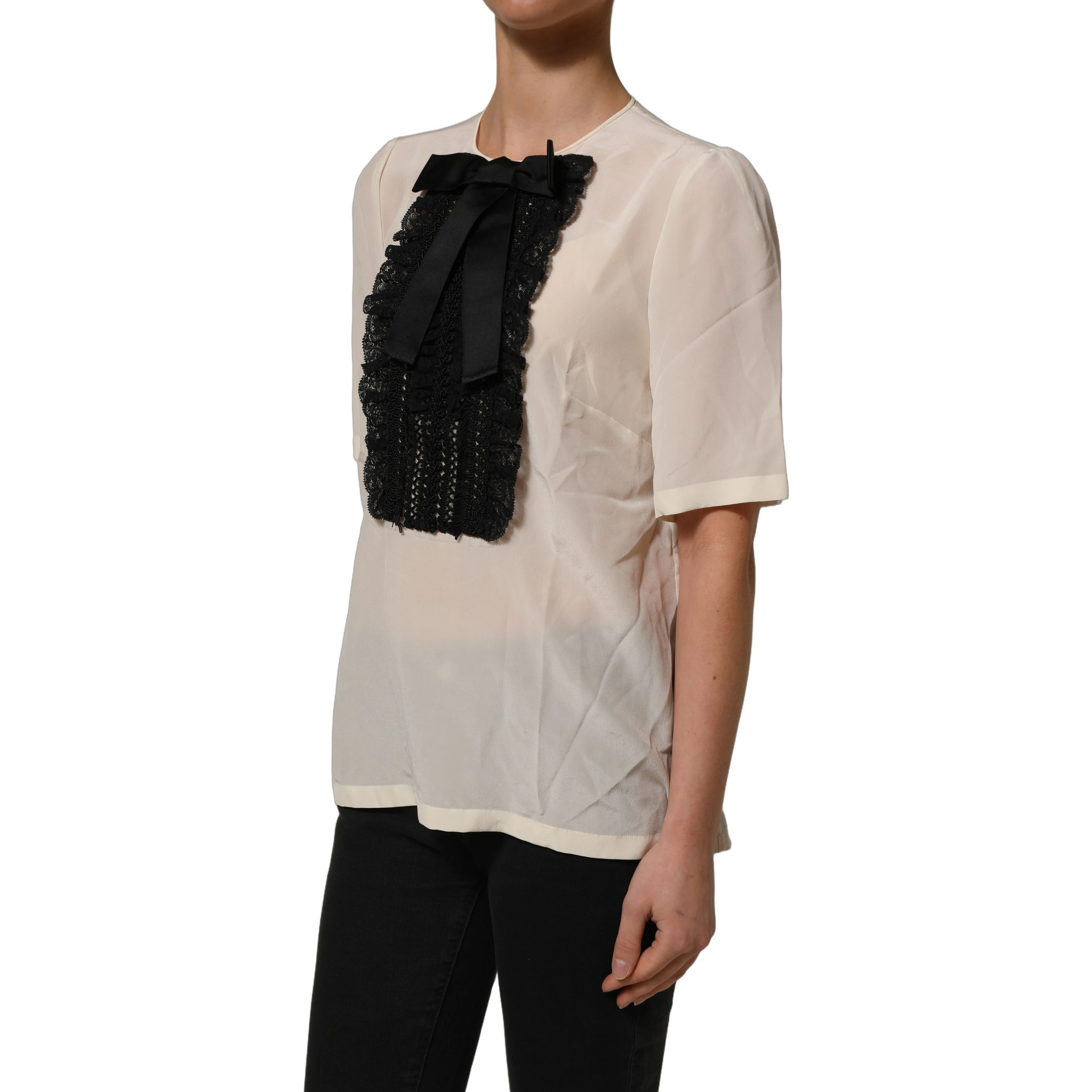 Beige Lace Trim Bow Short Sleeves Blouse Top