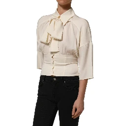 Off White Ascot Collar Long Sleeves Blouse Top