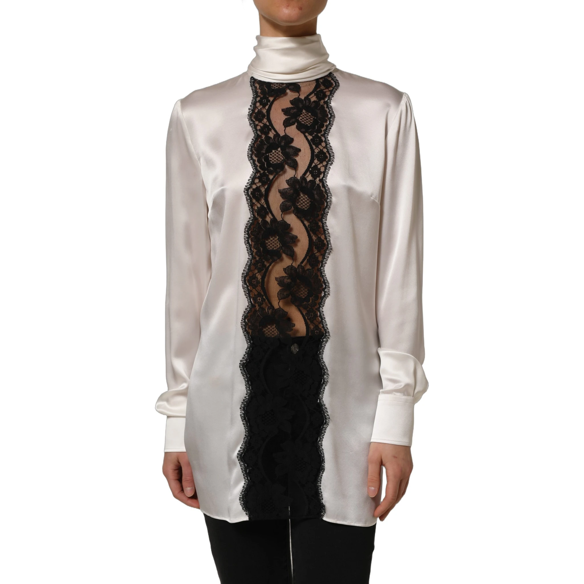 White satin Lace Trim LOng Sleeves Blouse Top