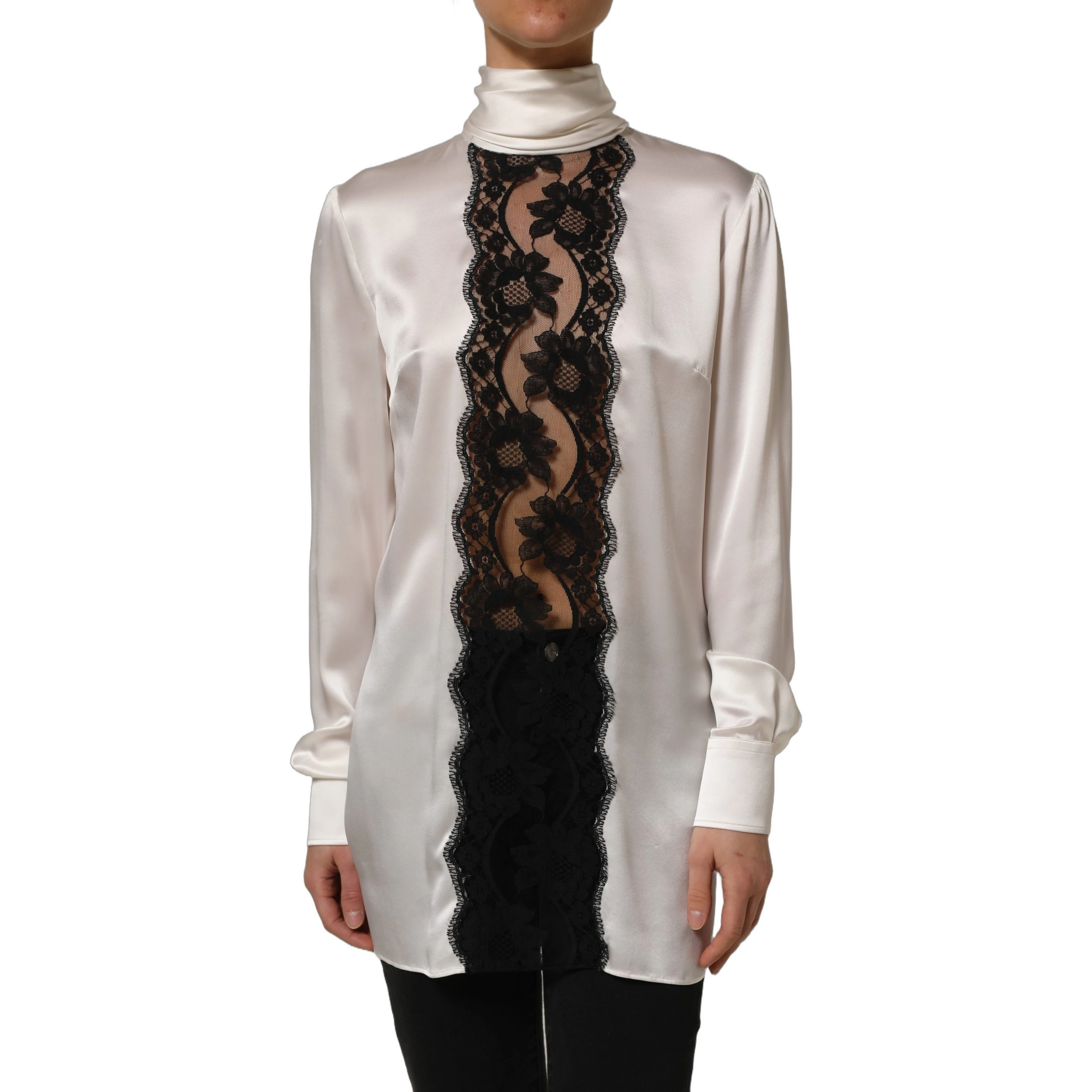 White satin Lace Trim LOng Sleeves Blouse Top
