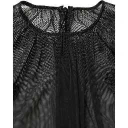 Black Polyester Mesh Sheer Crewneck Blouse Top