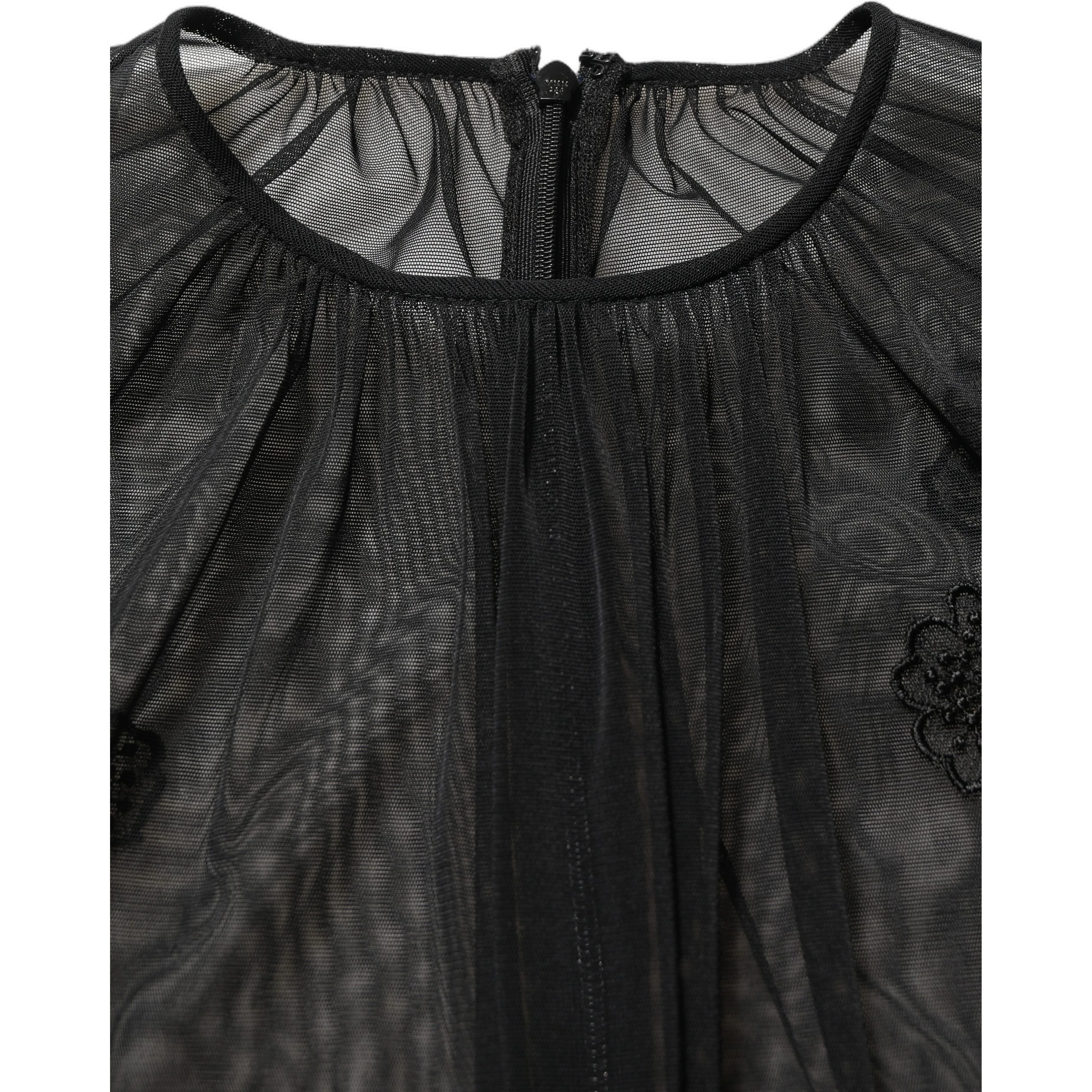 Black Polyester Mesh Sheer Crewneck Blouse Top