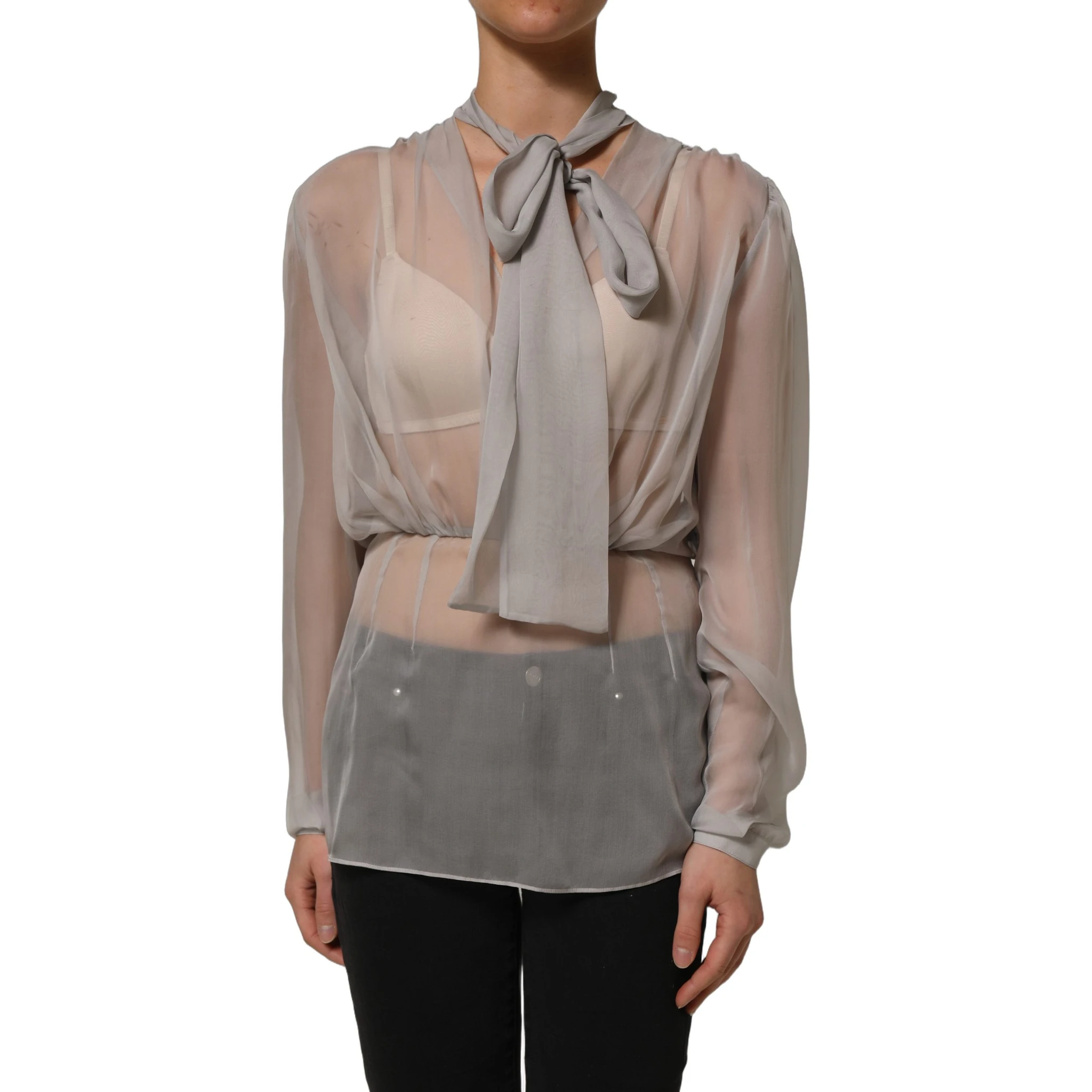 Gray Sheer Silk Chiffon Shirt Bow Collar Top