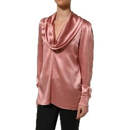 Pink Satin Silk V-neck Long Sleeves Blouse Top