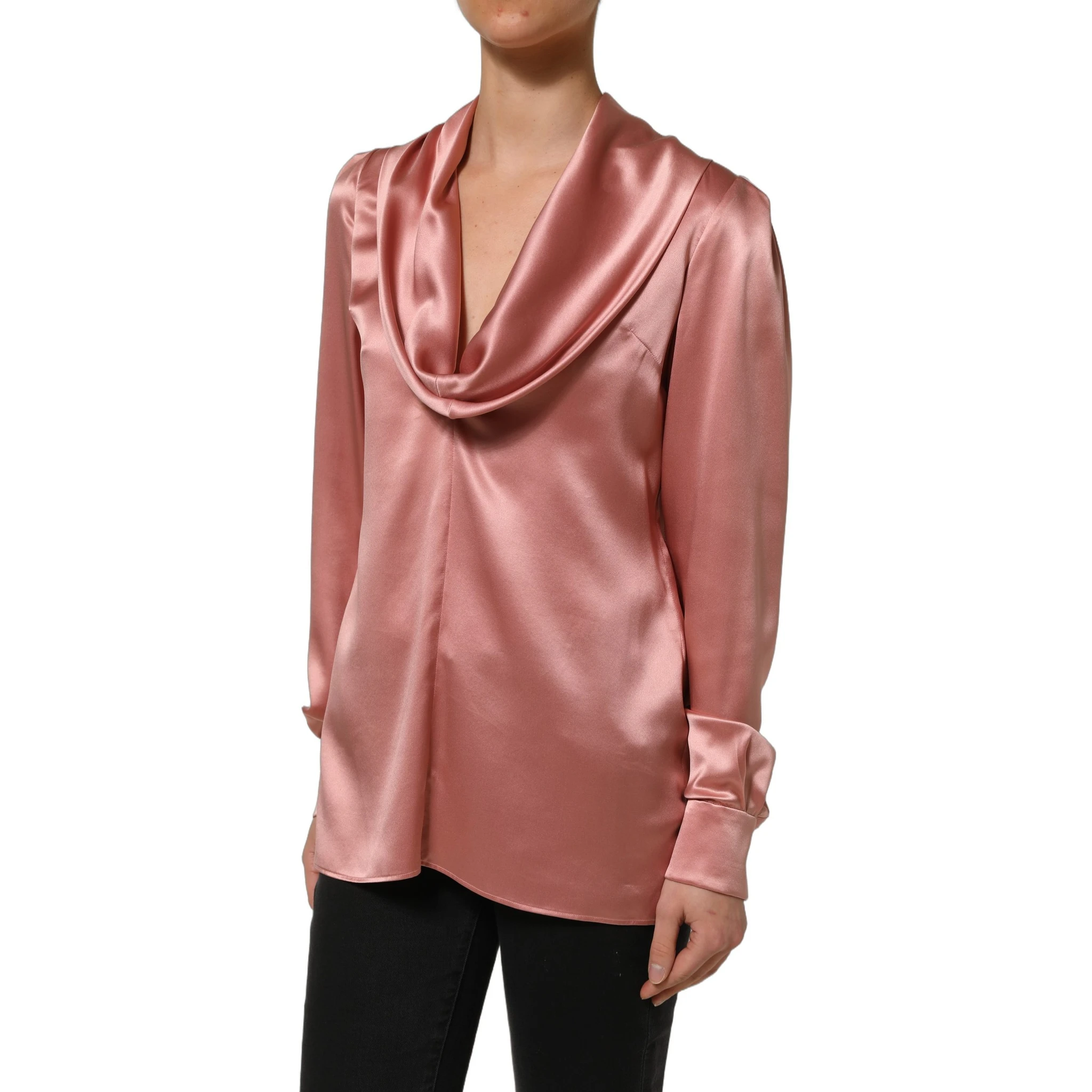 Pink Satin Silk V-neck Long Sleeves Blouse Top