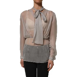 Gray Sheer Silk Chiffon Shirt Bow Collar Top