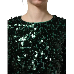 Green Sequined Long Sleeves Crop Blouse Top