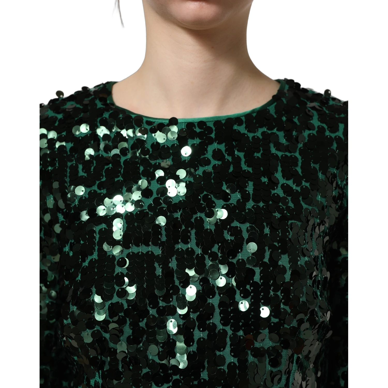 Green Sequined Long Sleeves Crop Blouse Top