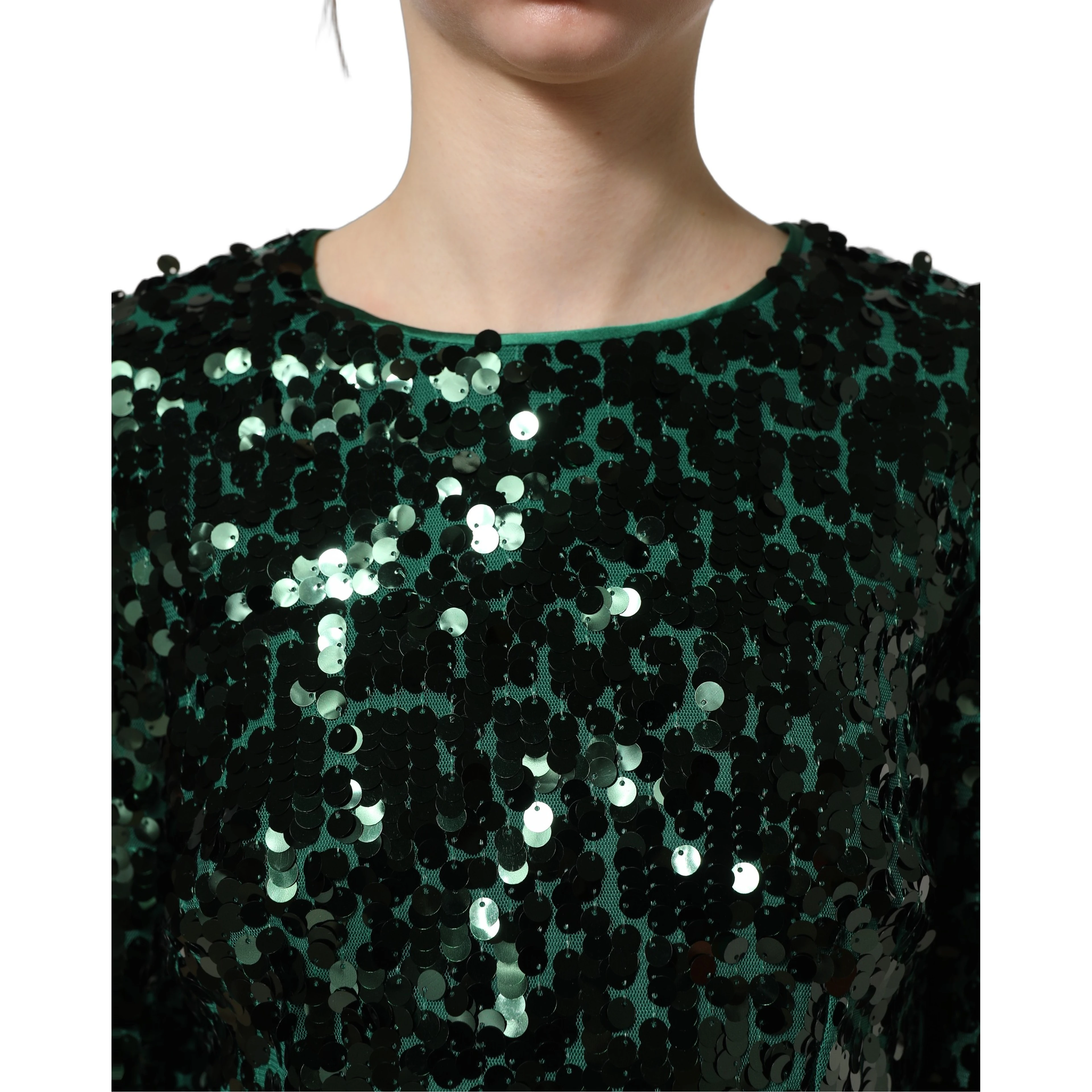 Green Sequined Long Sleeves Crop Blouse Top