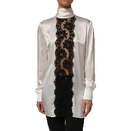 White satin Lace Trim LOng Sleeves Blouse Top