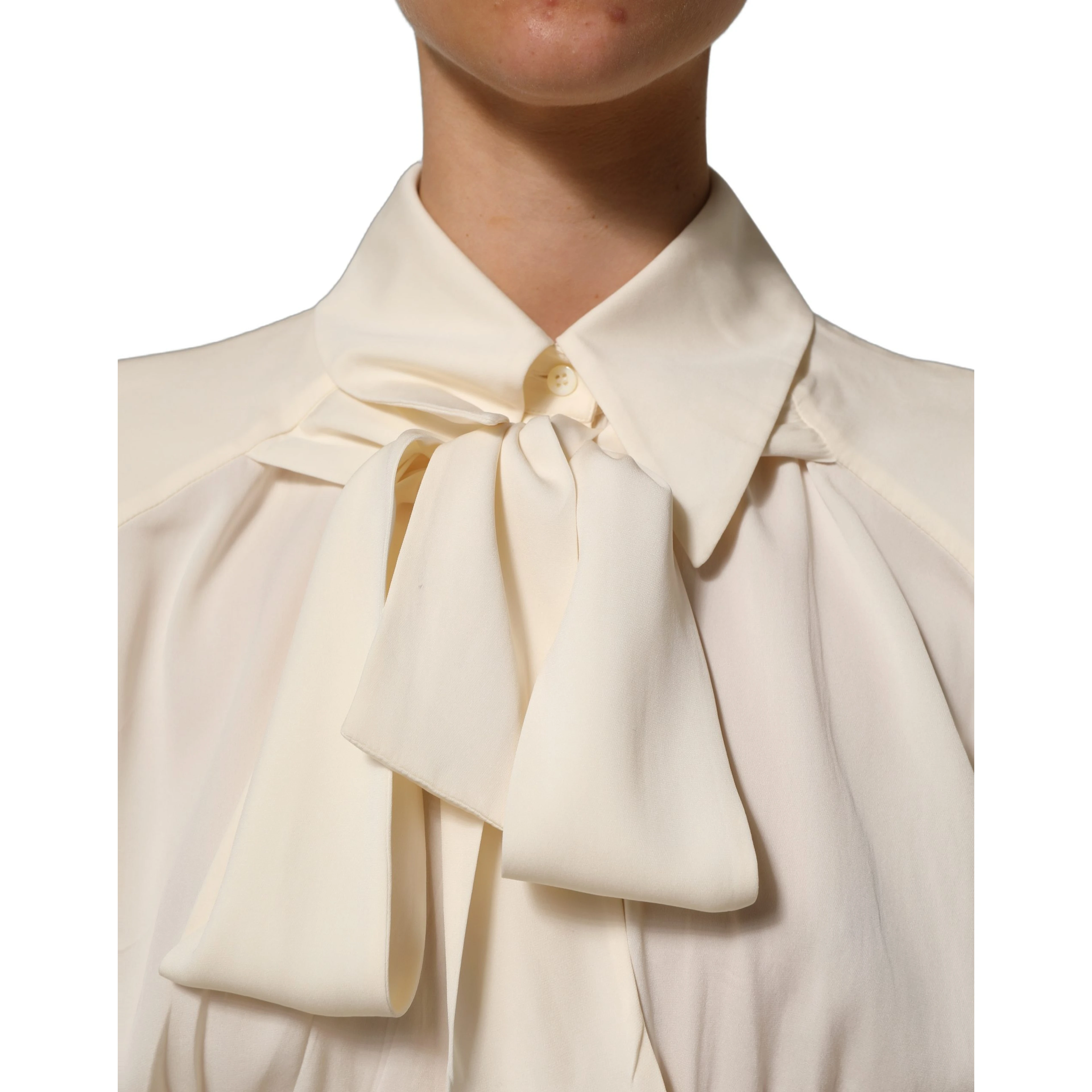 Off White Ascot Collar Long Sleeves Blouse Top