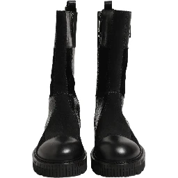 Black Patchwork Leather Mid Calf Boots Shoes