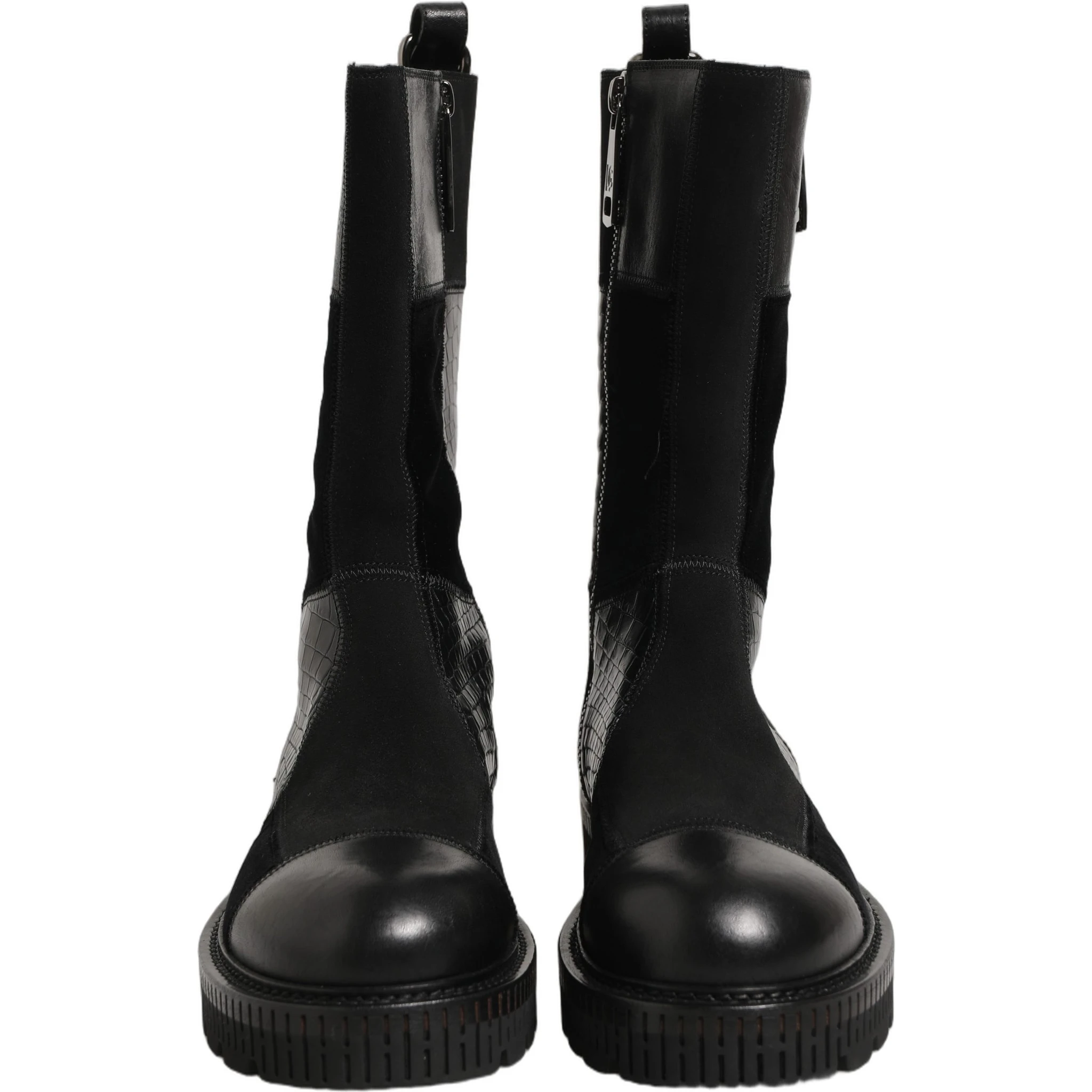 Black Patchwork Leather Mid Calf Boots Shoes