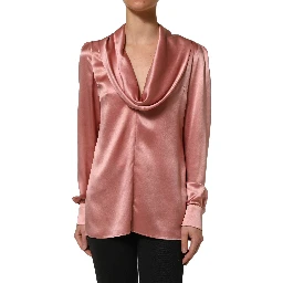 Pink Satin Silk V-neck Long Sleeves Blouse Top