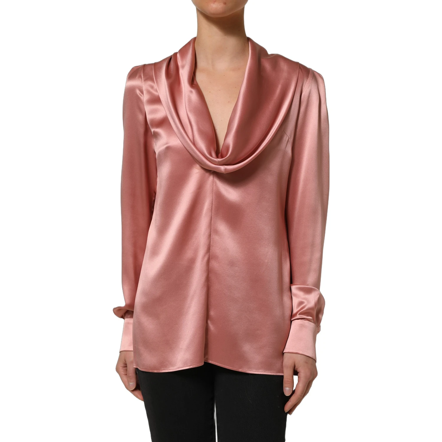 Pink Satin Silk V-neck Long Sleeves Blouse Top