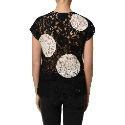 Black White Floral Lace Short Sleeve Blouse Top