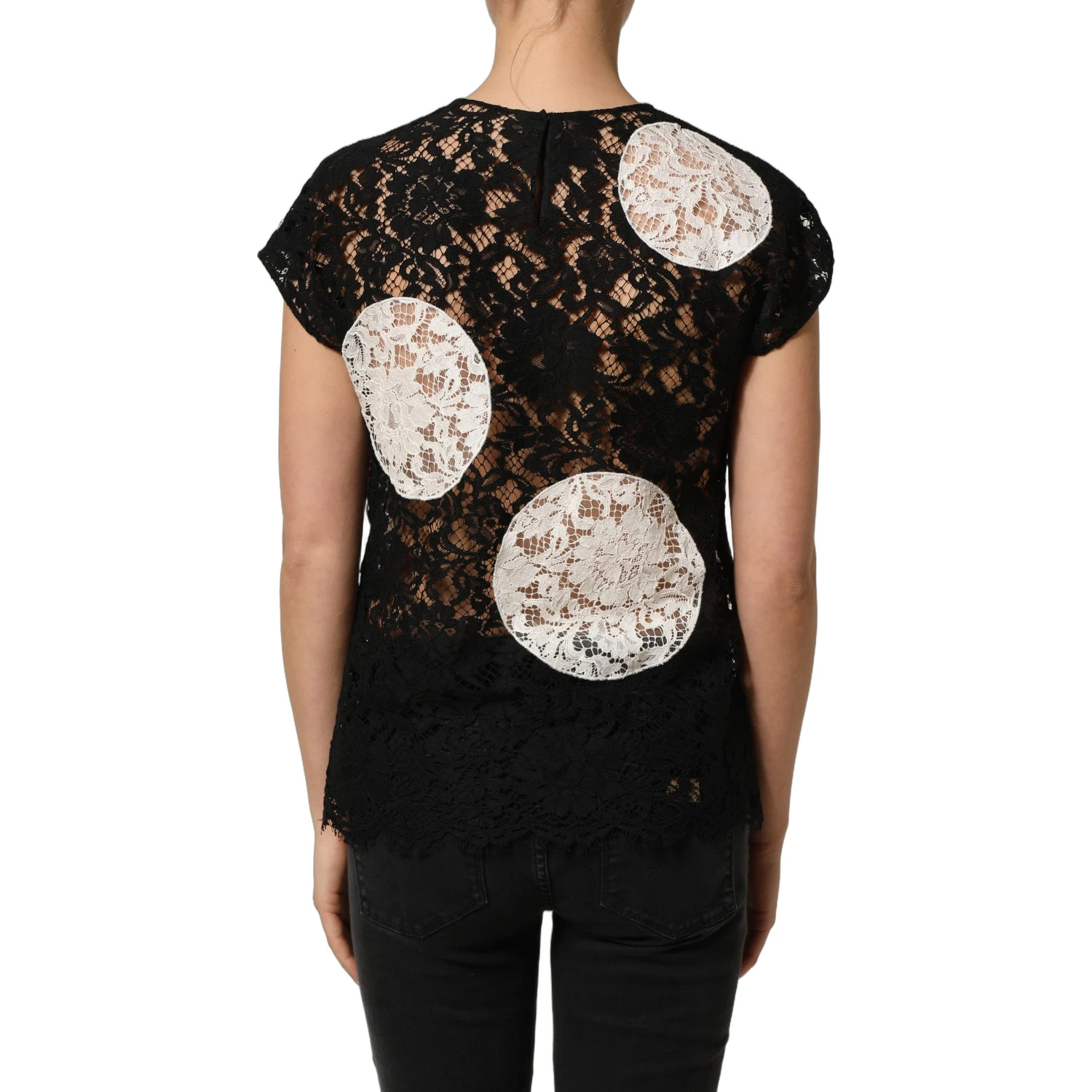 Black White Floral Lace Short Sleeve Blouse Top