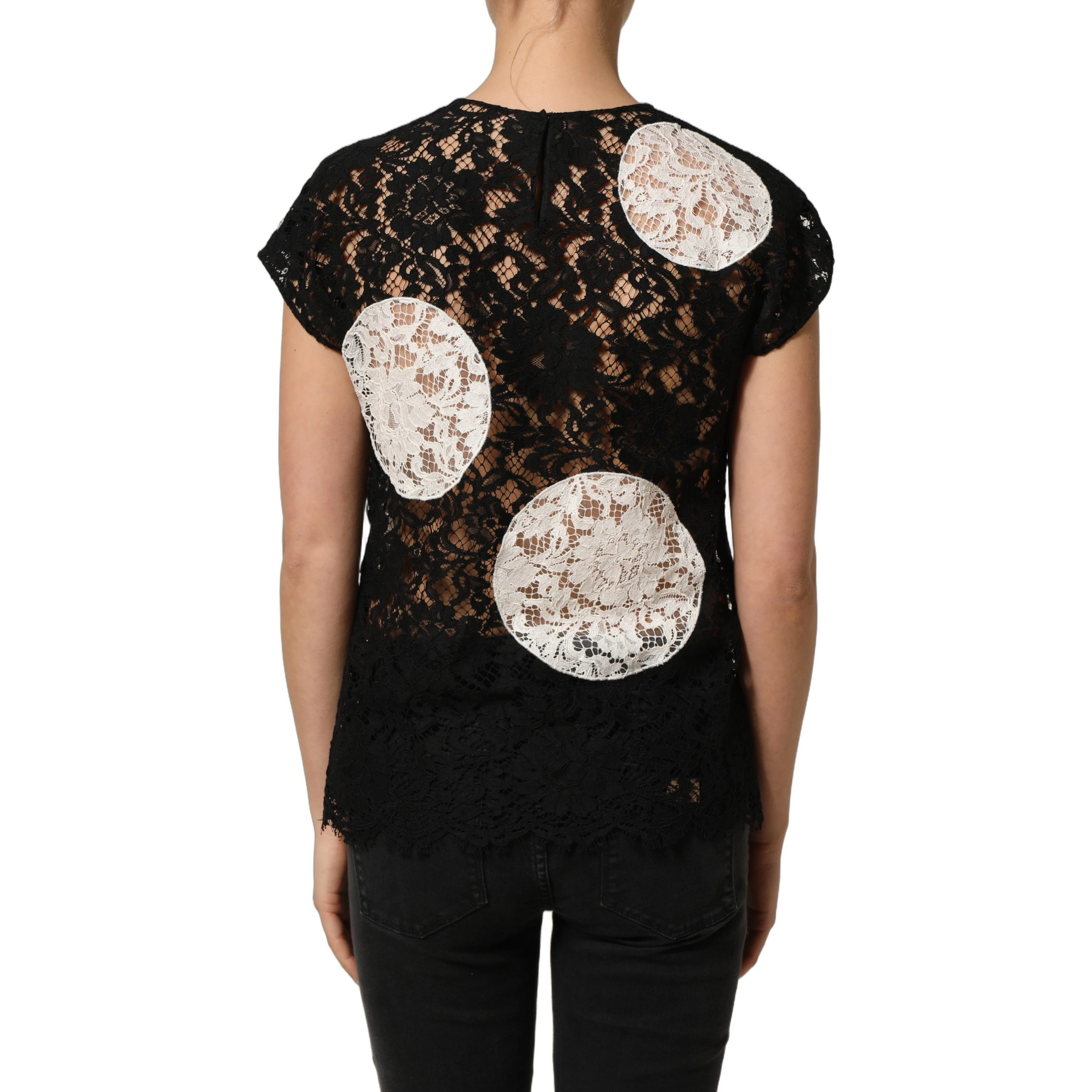 Black White Floral Lace Short Sleeve Blouse Top