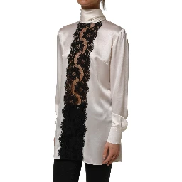 White satin Lace Trim LOng Sleeves Blouse Top