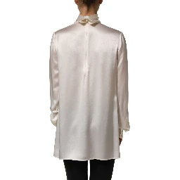 White satin Lace Trim LOng Sleeves Blouse Top