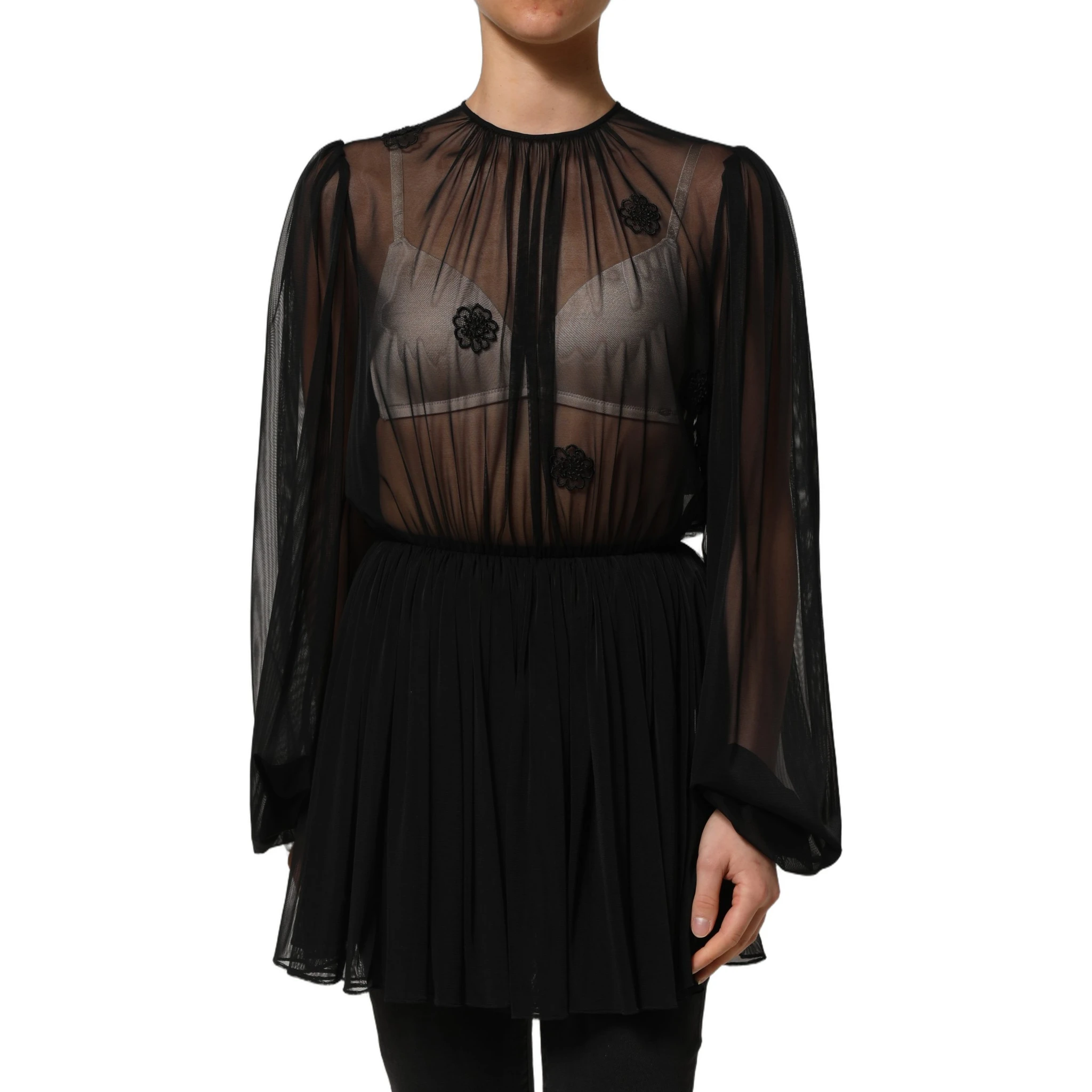 Black Polyester Mesh Sheer Crewneck Blouse Top
