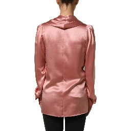 Pink Satin Silk V-neck Long Sleeves Blouse Top