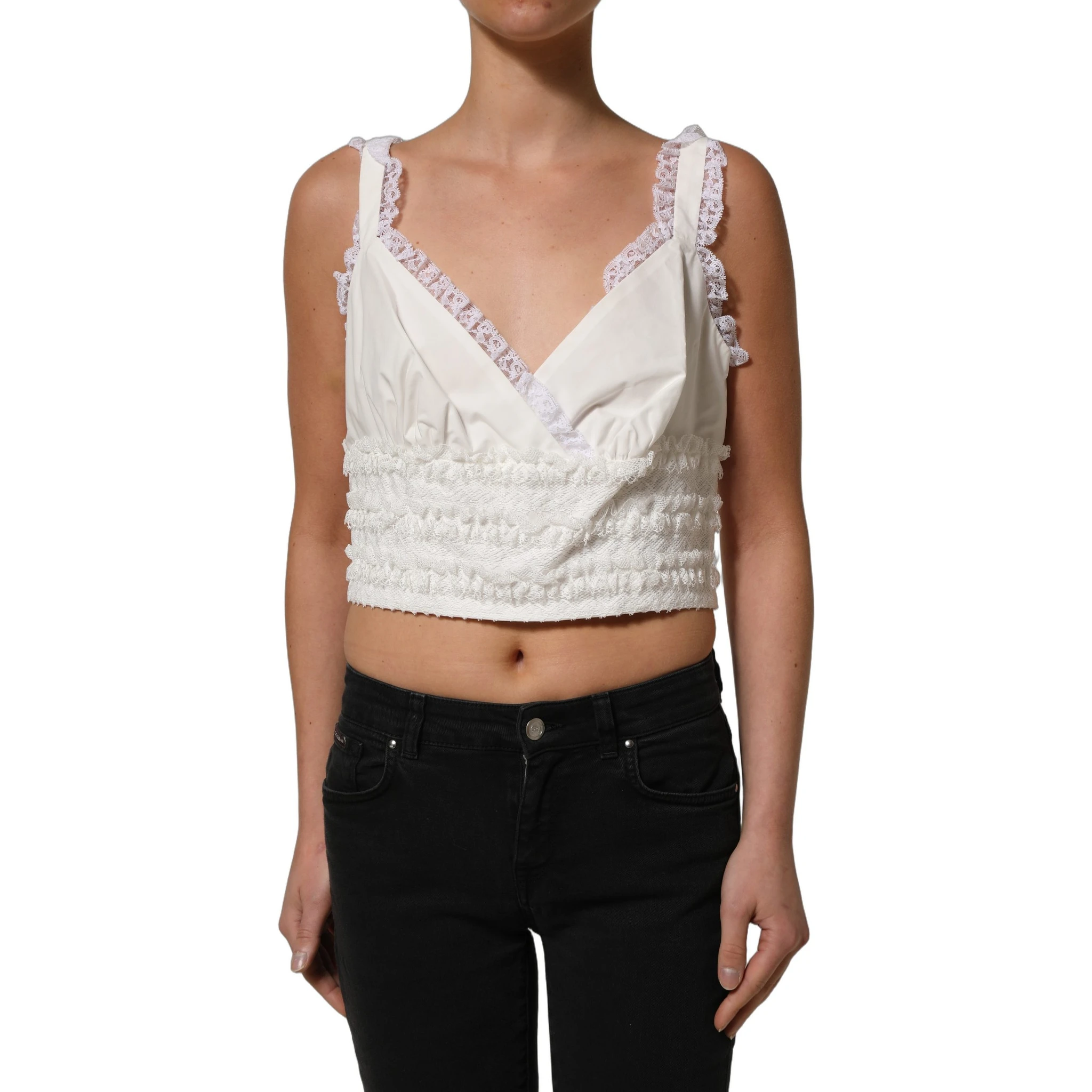 White Lace Trimmed Cotton Cropped Tank Top