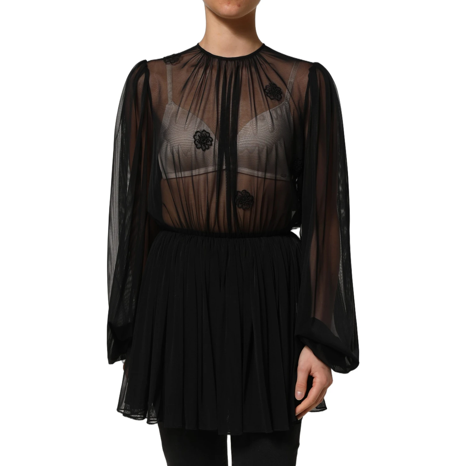 Black Polyester Mesh Sheer Crewneck Blouse Top