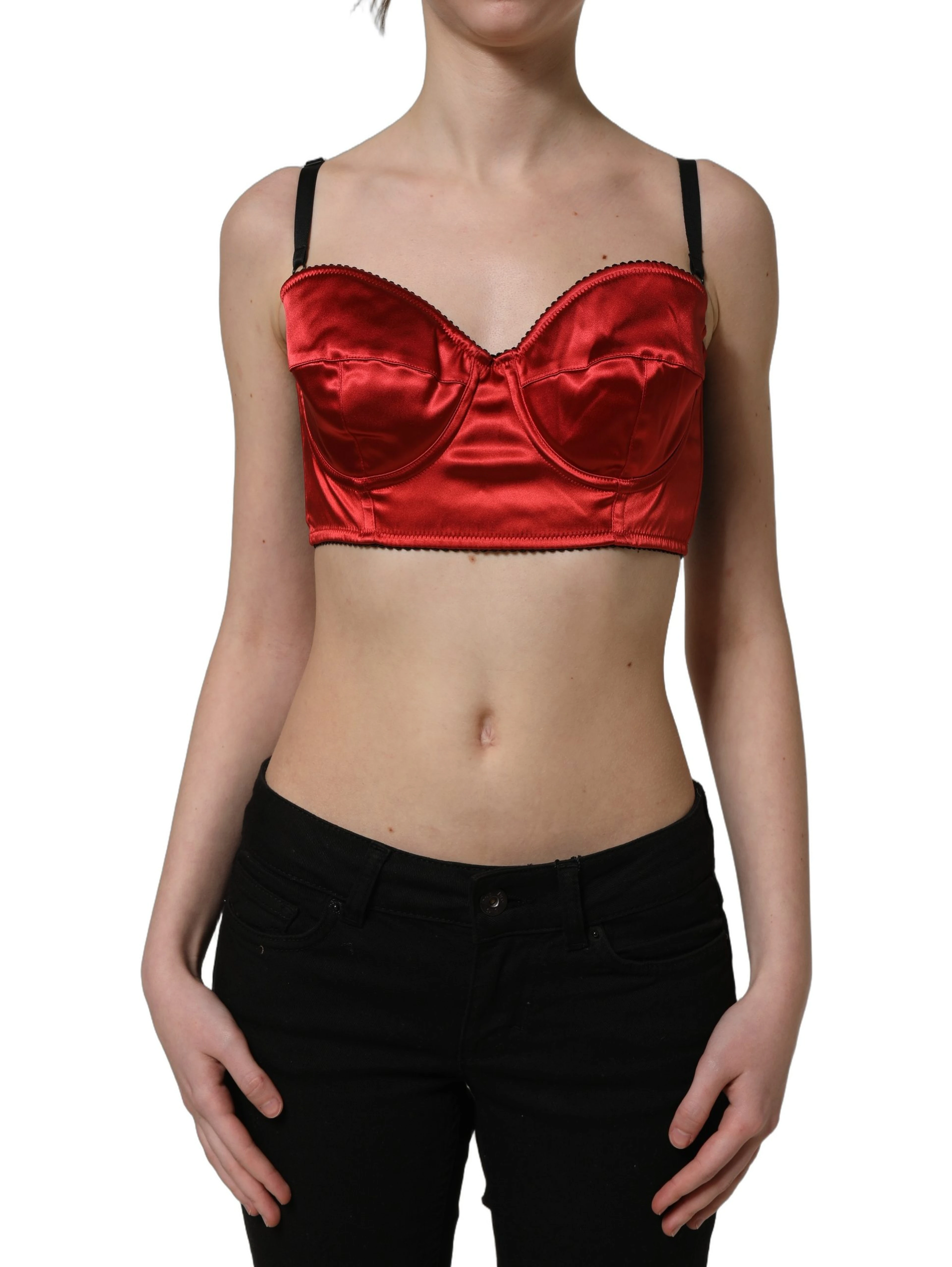 Red Polyester Satin Bustier Cropped Tank Top
