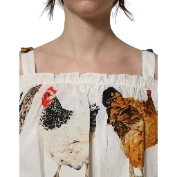 White Rooster Print Poplin Off The Shoulder Top