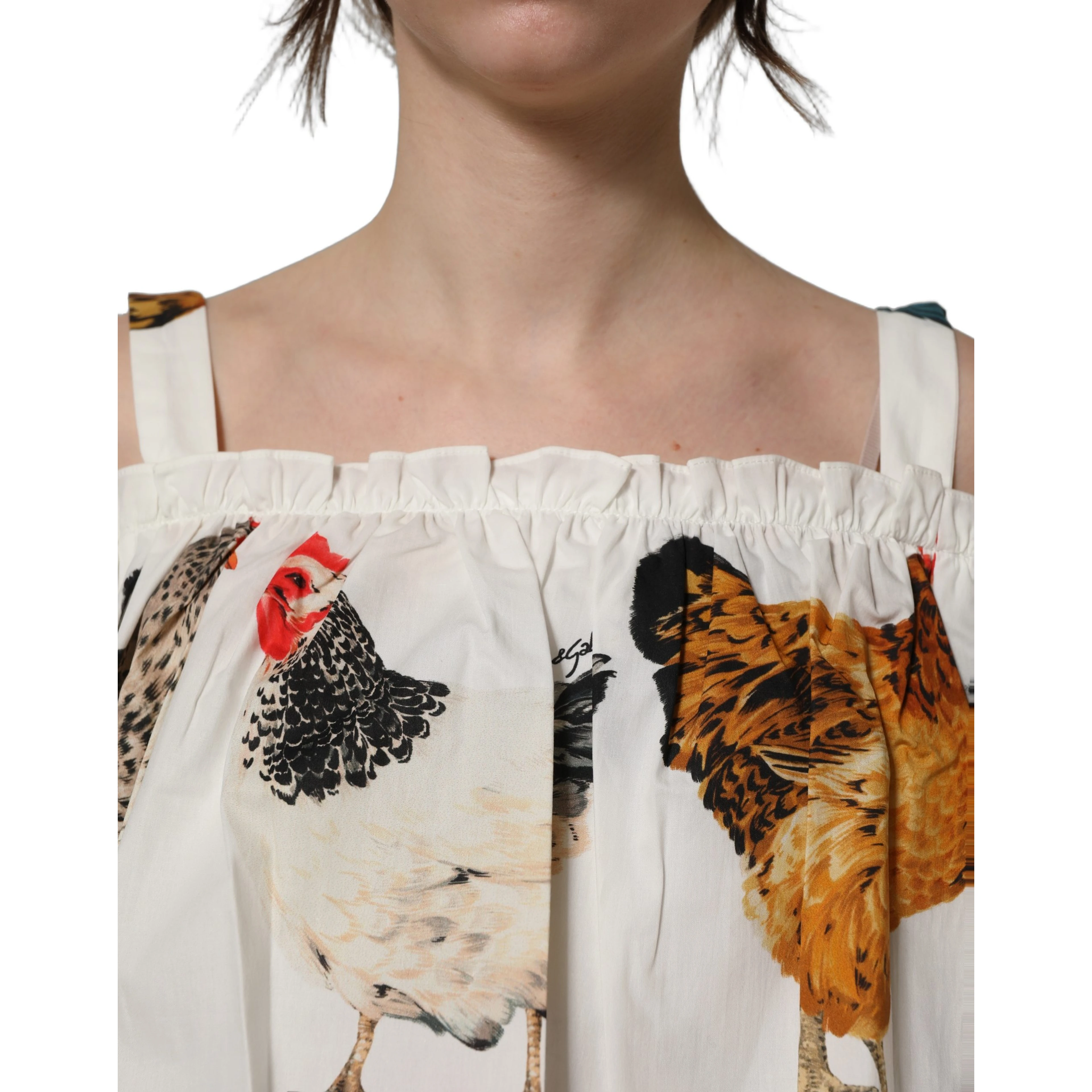 White Rooster Print Poplin Off The Shoulder Top