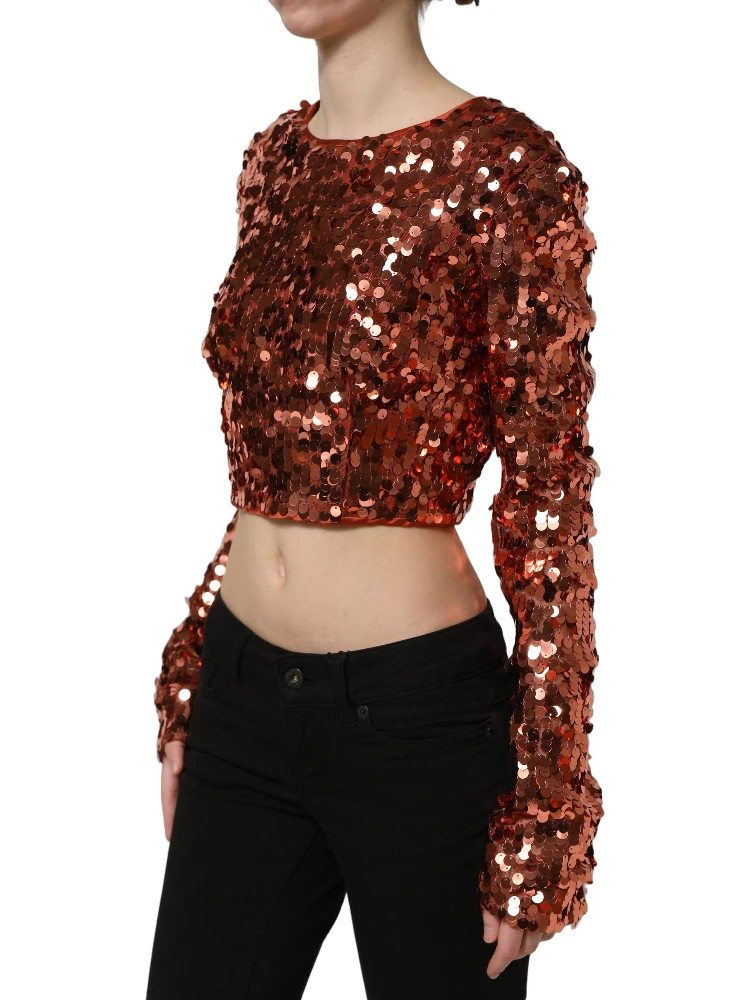 Red Sequined Long Sleeves Crop Blouse Top